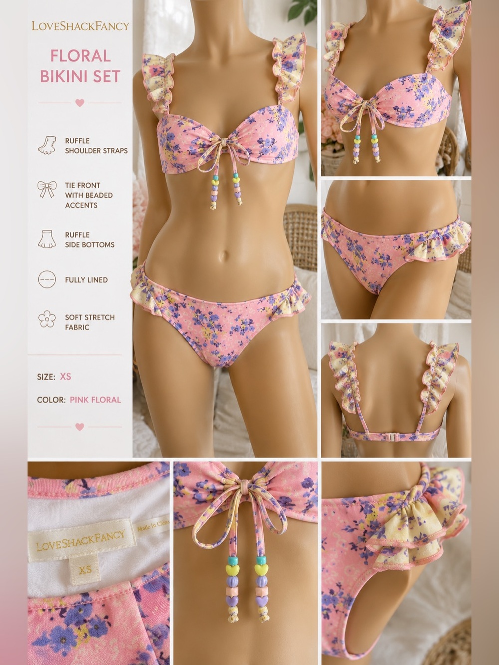 LoveShackFancy XS Pink Floral Ruffle Bikini Set Beaded Tie Front Coquette - Picture 1 of 11